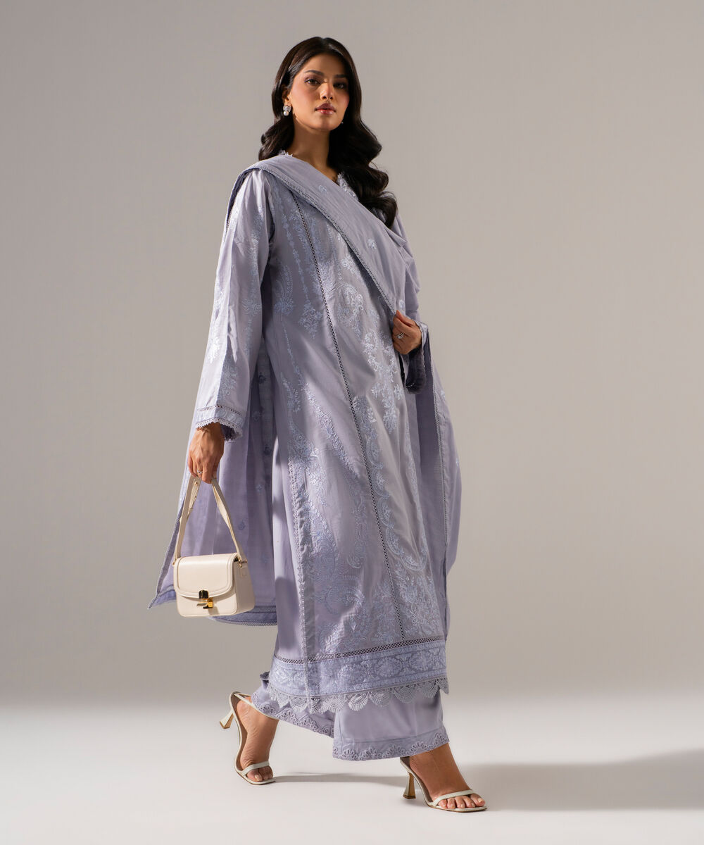 Women's RTW Cotton Satin Solid Embroidered Steel Blue 3 Piece Suit