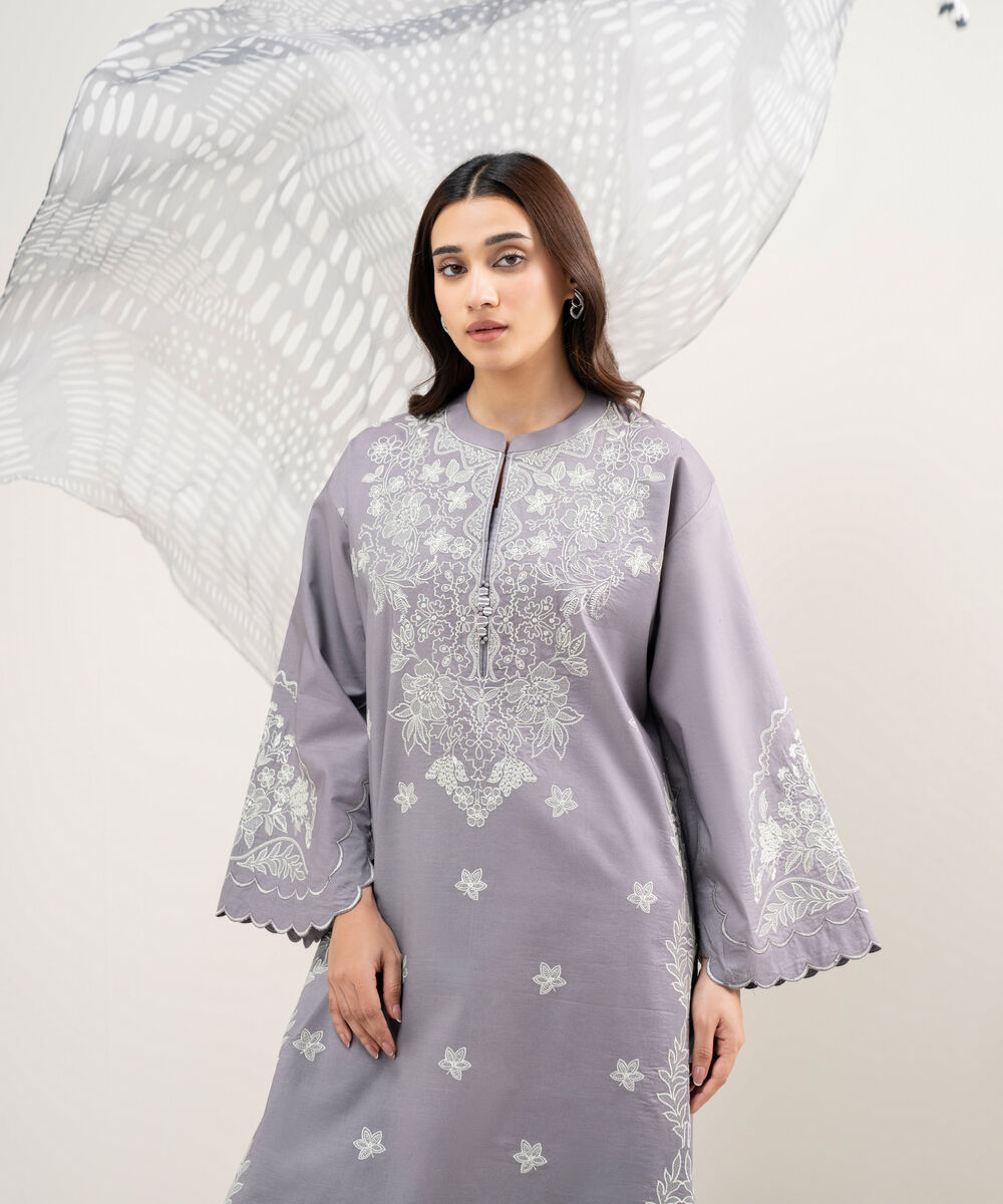 Women's Unstitched Textured Lawn Embroidered Grey 3 Piece Suit