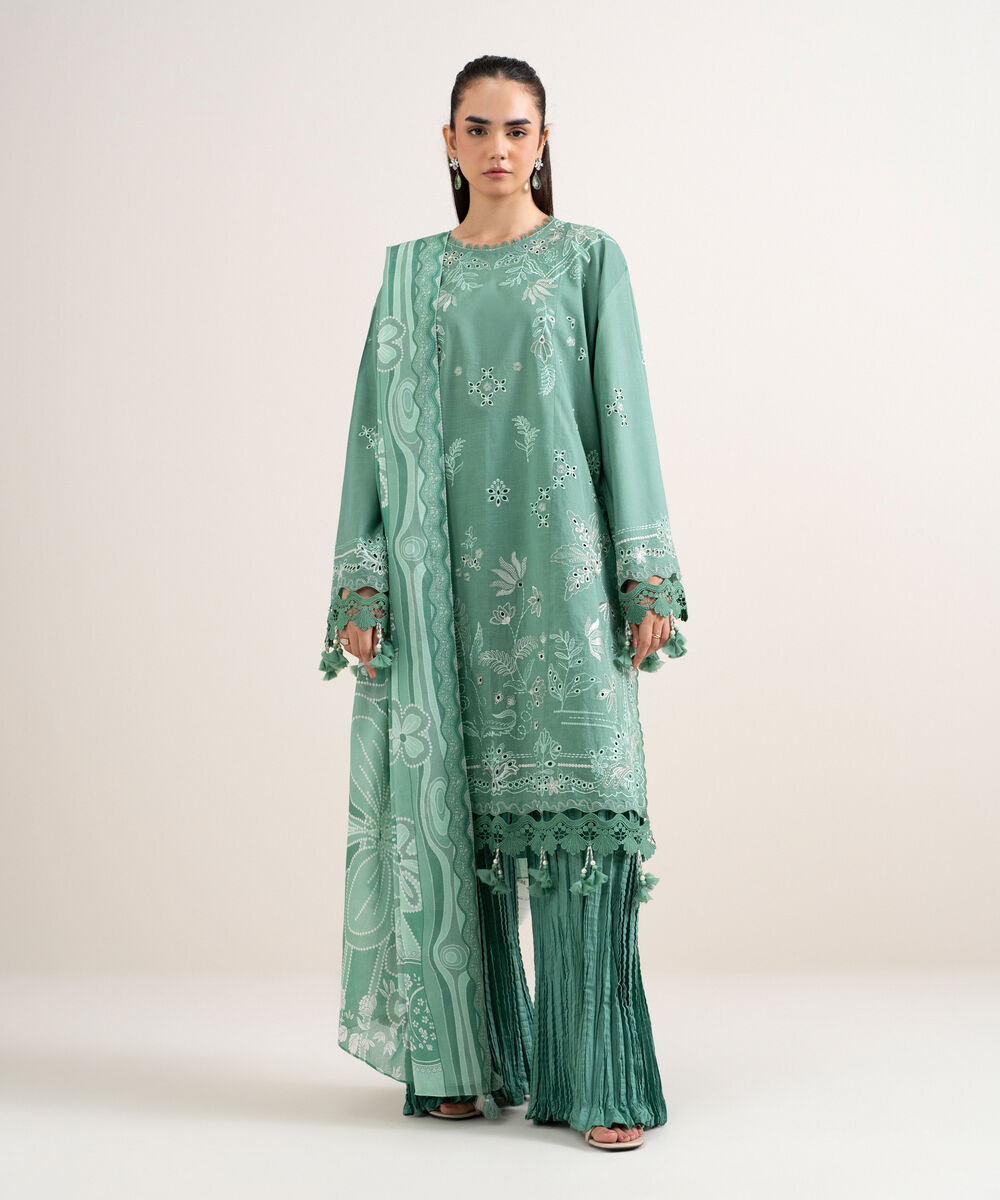 Women's Unstitched Textured Lawn Embroidered Green 3 Piece Suit