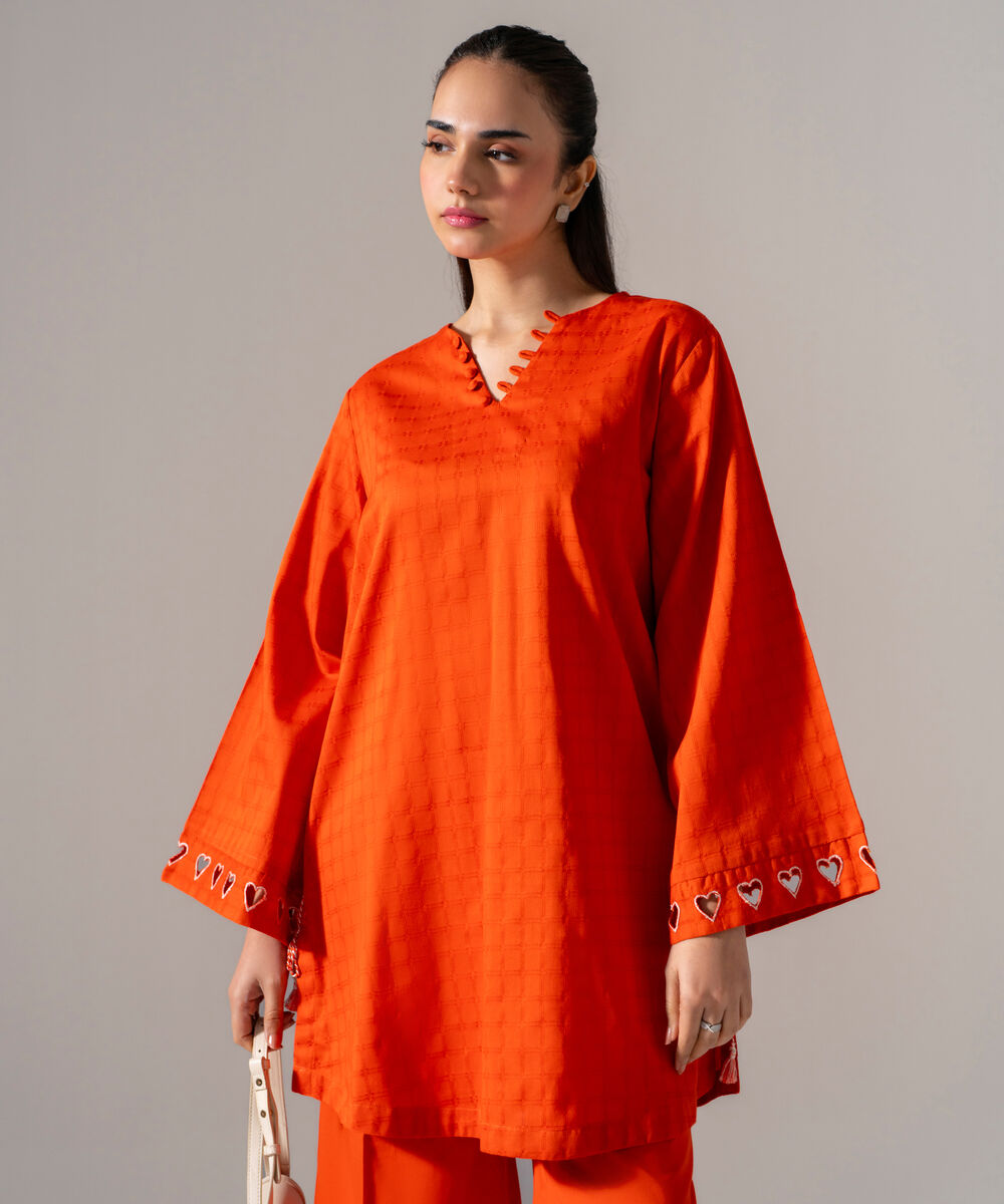 Women's RTW 3D dobby Solid Orange Straight Shirt