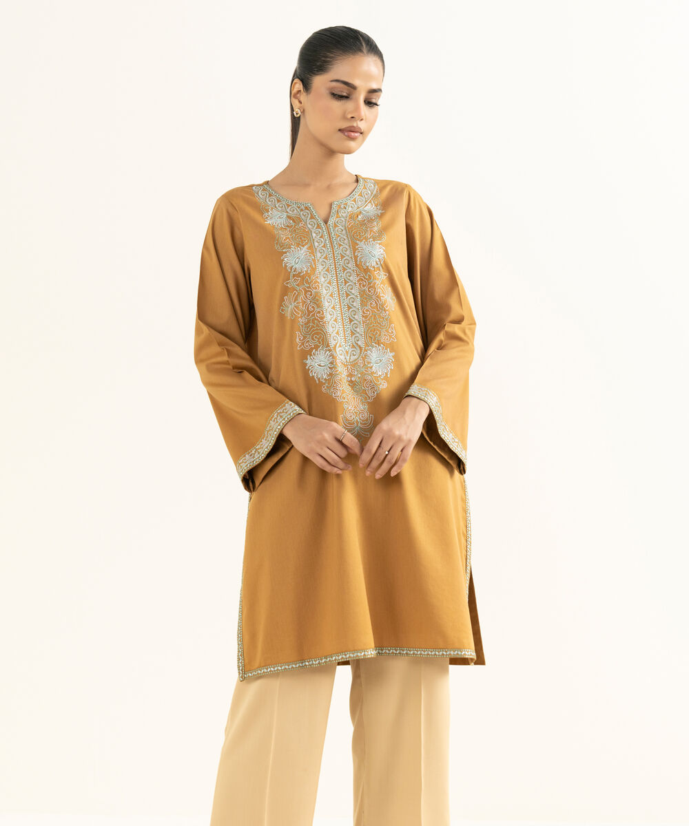 Women's RTW Bedford  Embroidered Mustard Straight Shirt
