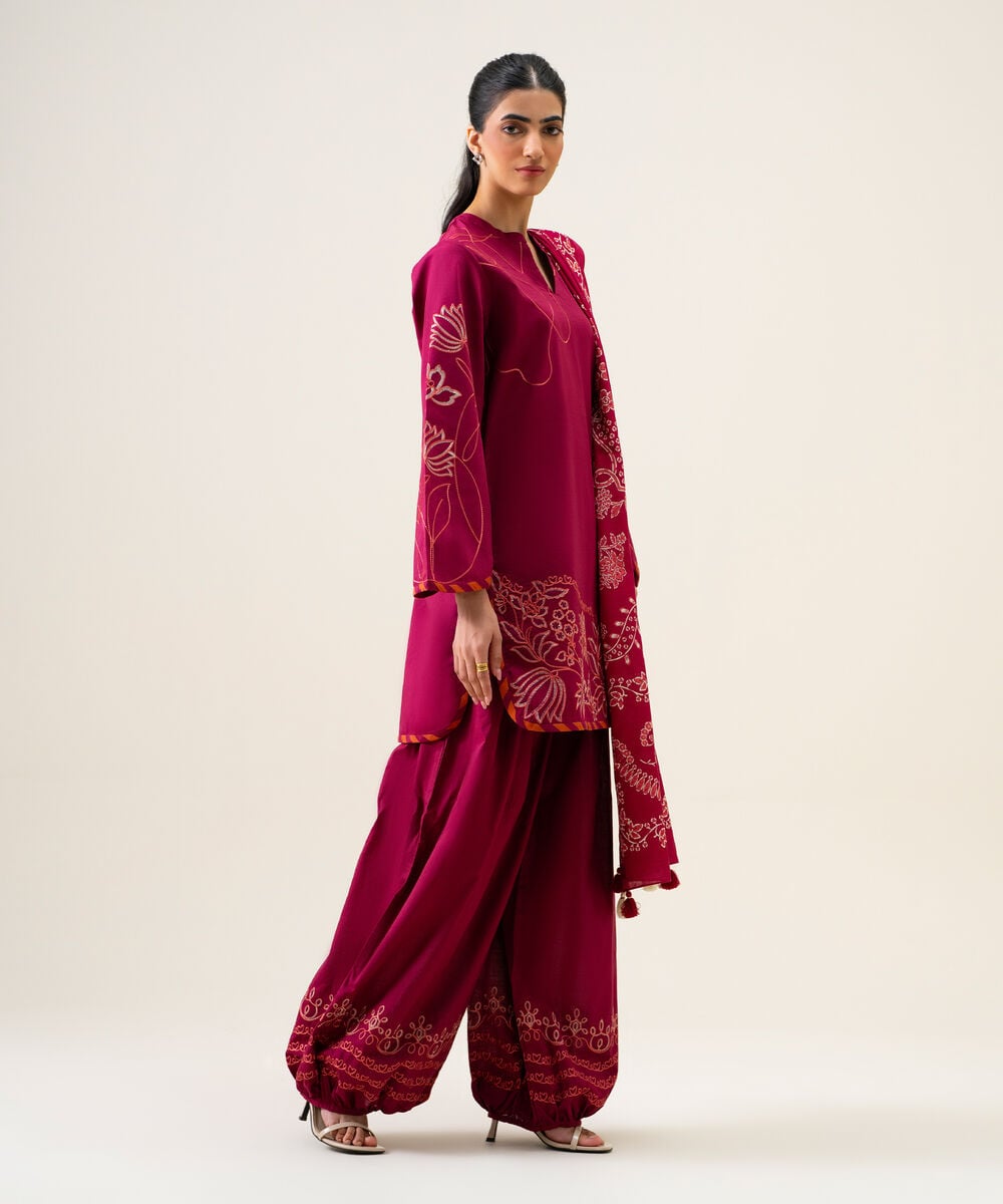Women's Unstitched Textured Cotton Embroidered Magenta 3 Piece Suit