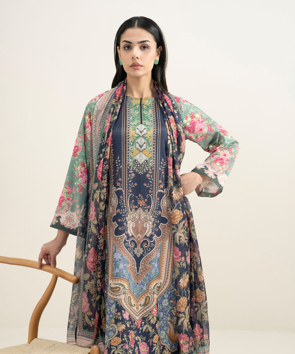 Women's RTW Blended Grip Silk Printed 3 Piece Suit