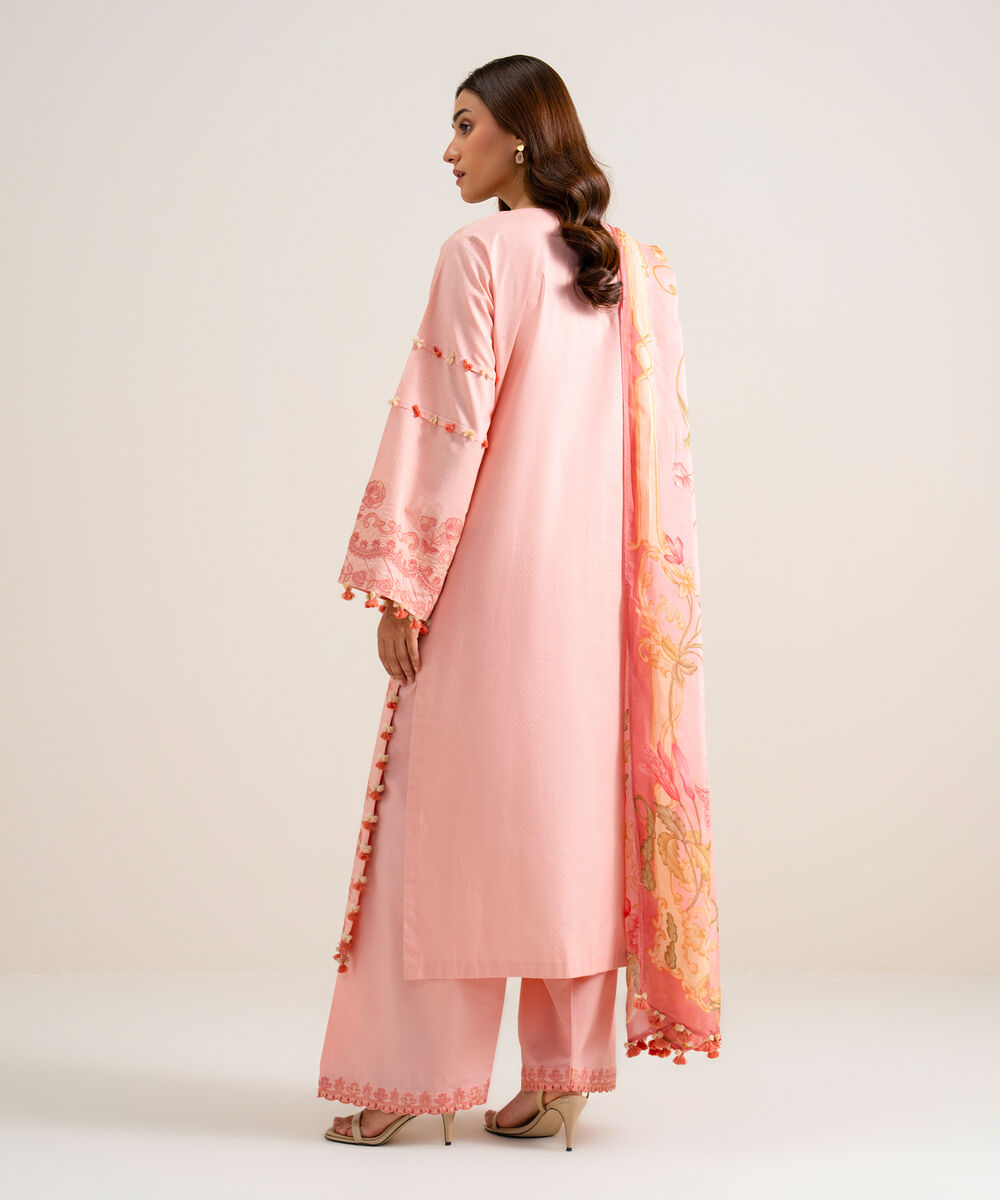 Women's Unstitched Embroidered Dobby Pink 3 Piece Suit