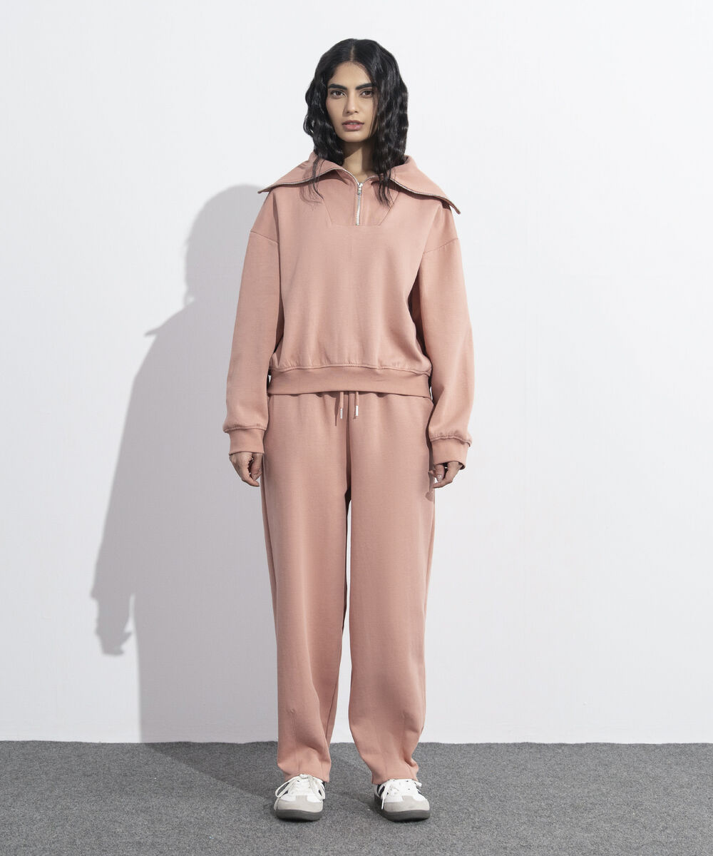 Women's Western Wear Pink Ribbed Neck Sweatshirt