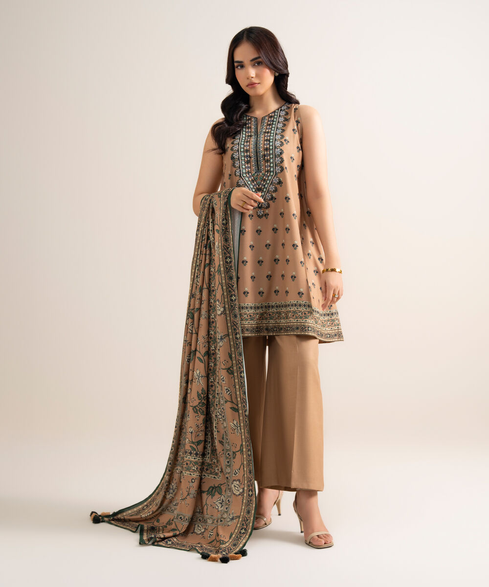 Women's Unstitched Embroidered Linen Brown 3 Piece Suit