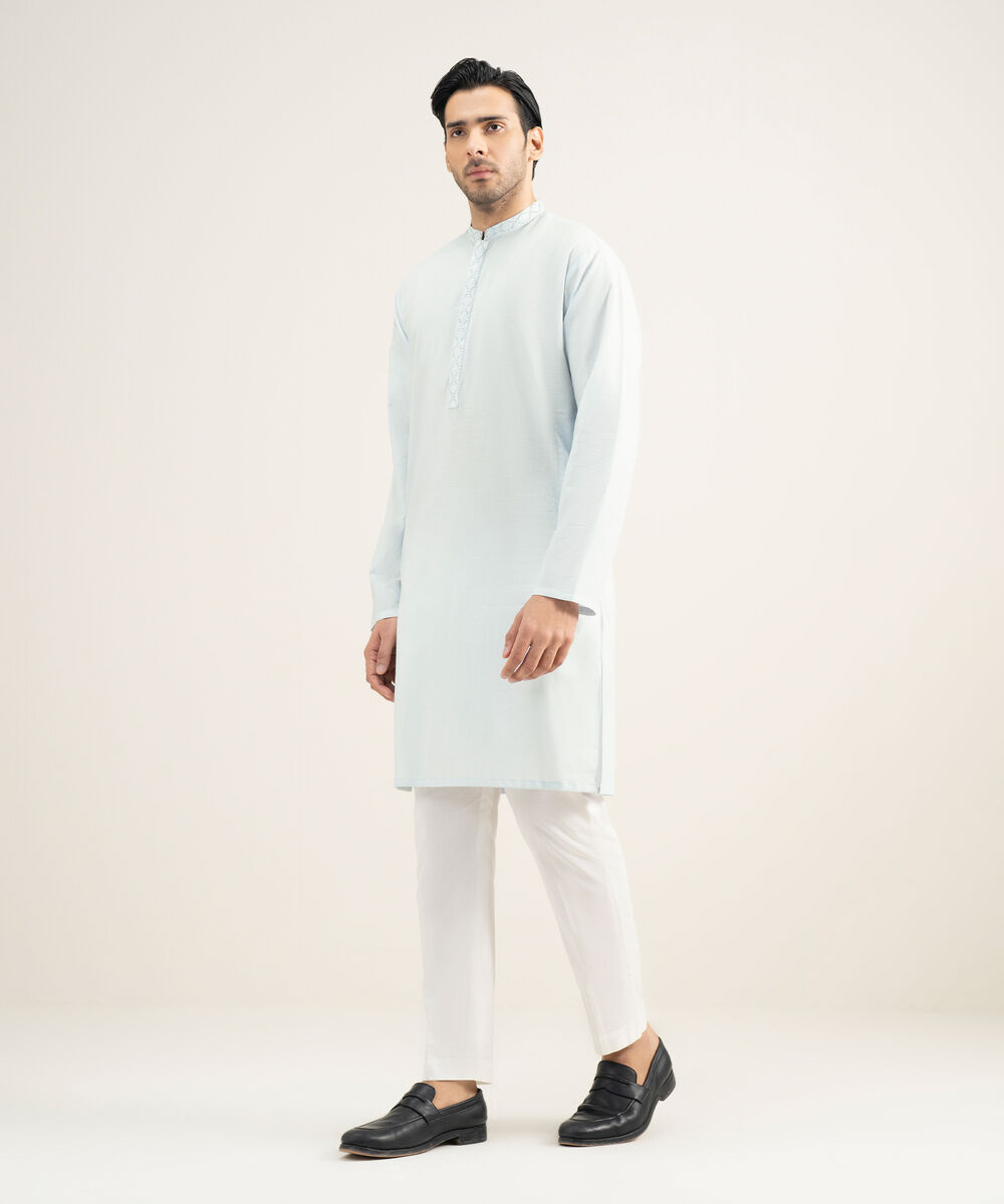 Men's Stitched Cotton Dobby Sky Blue Kurta
