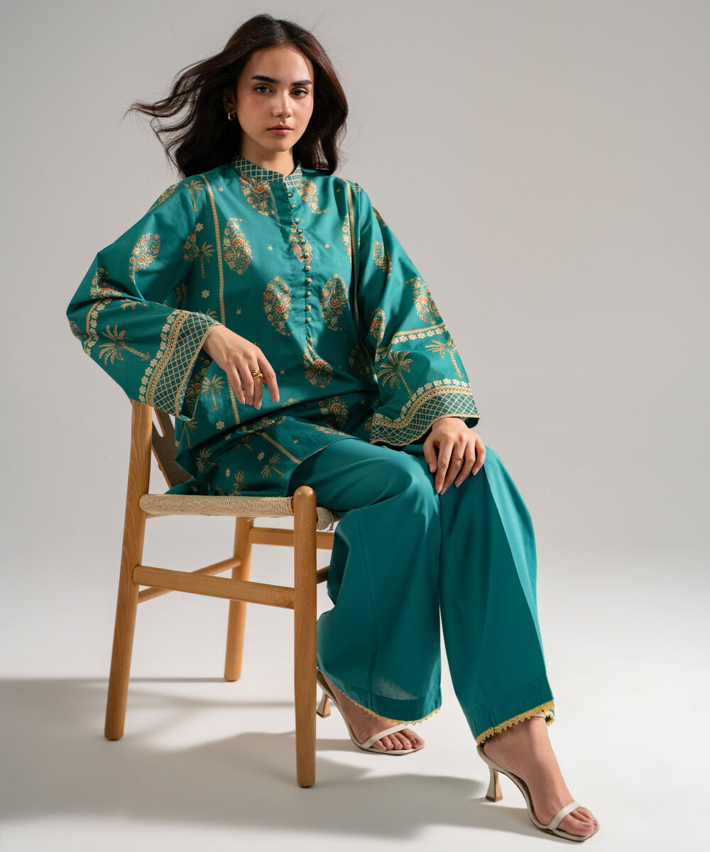 Women's RTW Slub Lawn Printed Green Straight Shirt