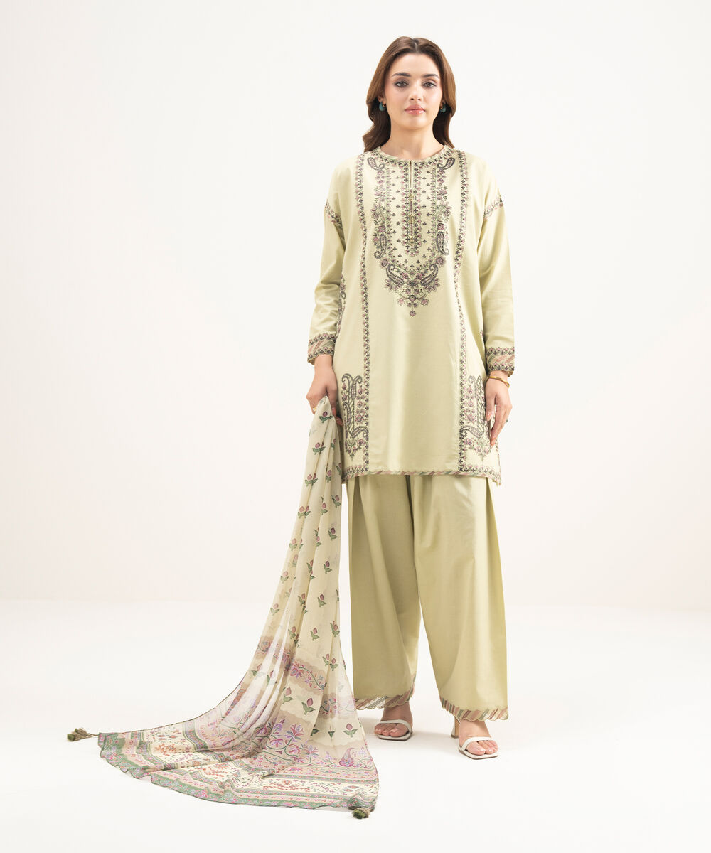 Women's Unstitched Lawn Embroidered Green 3 Piece Suit