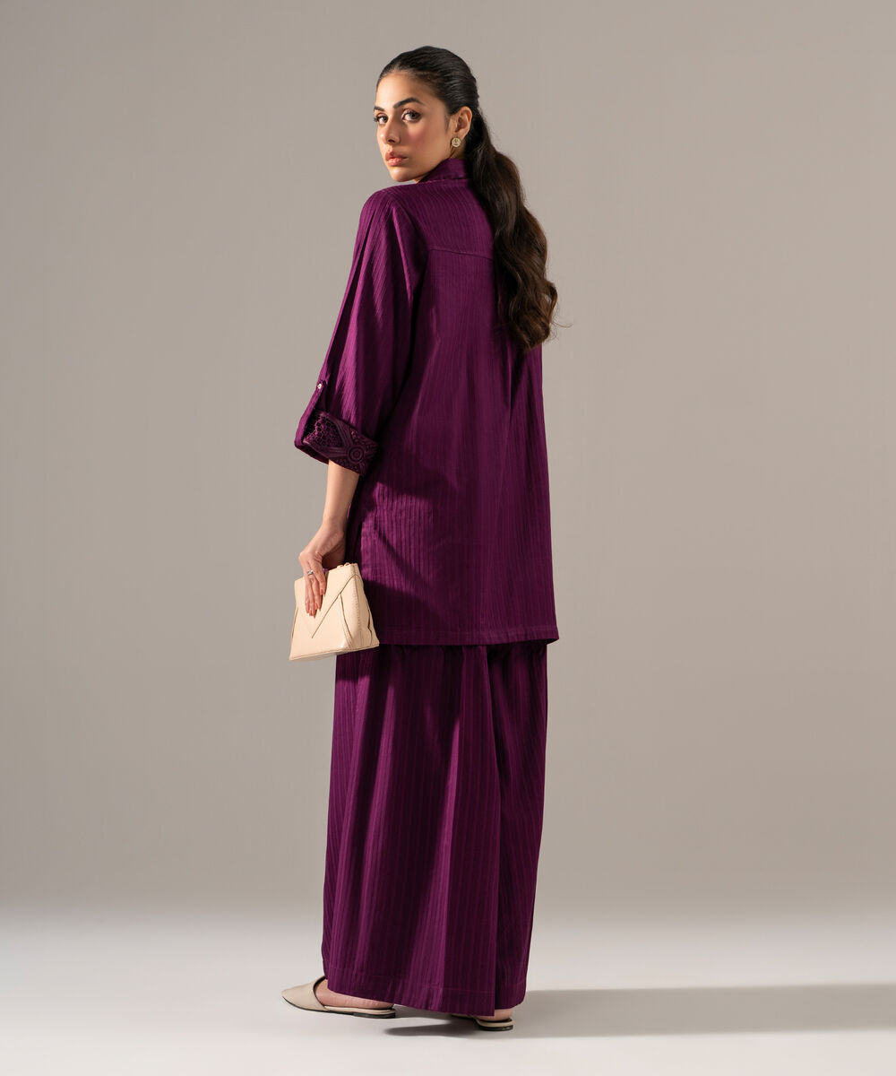 Women's RTW Dobby Strip Solid Purple 2 Piece Suit