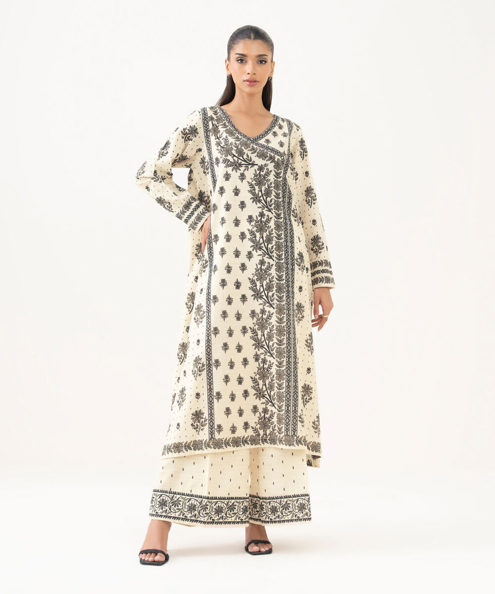 Women's RTW Cotton Printed A-Line Off White Shirt