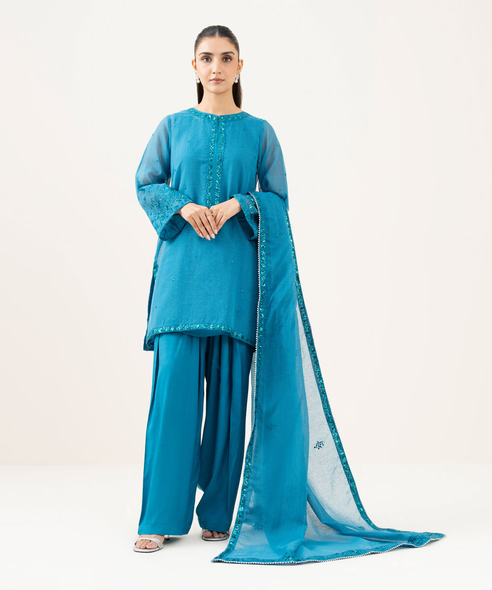 Women's RTW Blended Textured Karandi Blue Dyed Three Piece