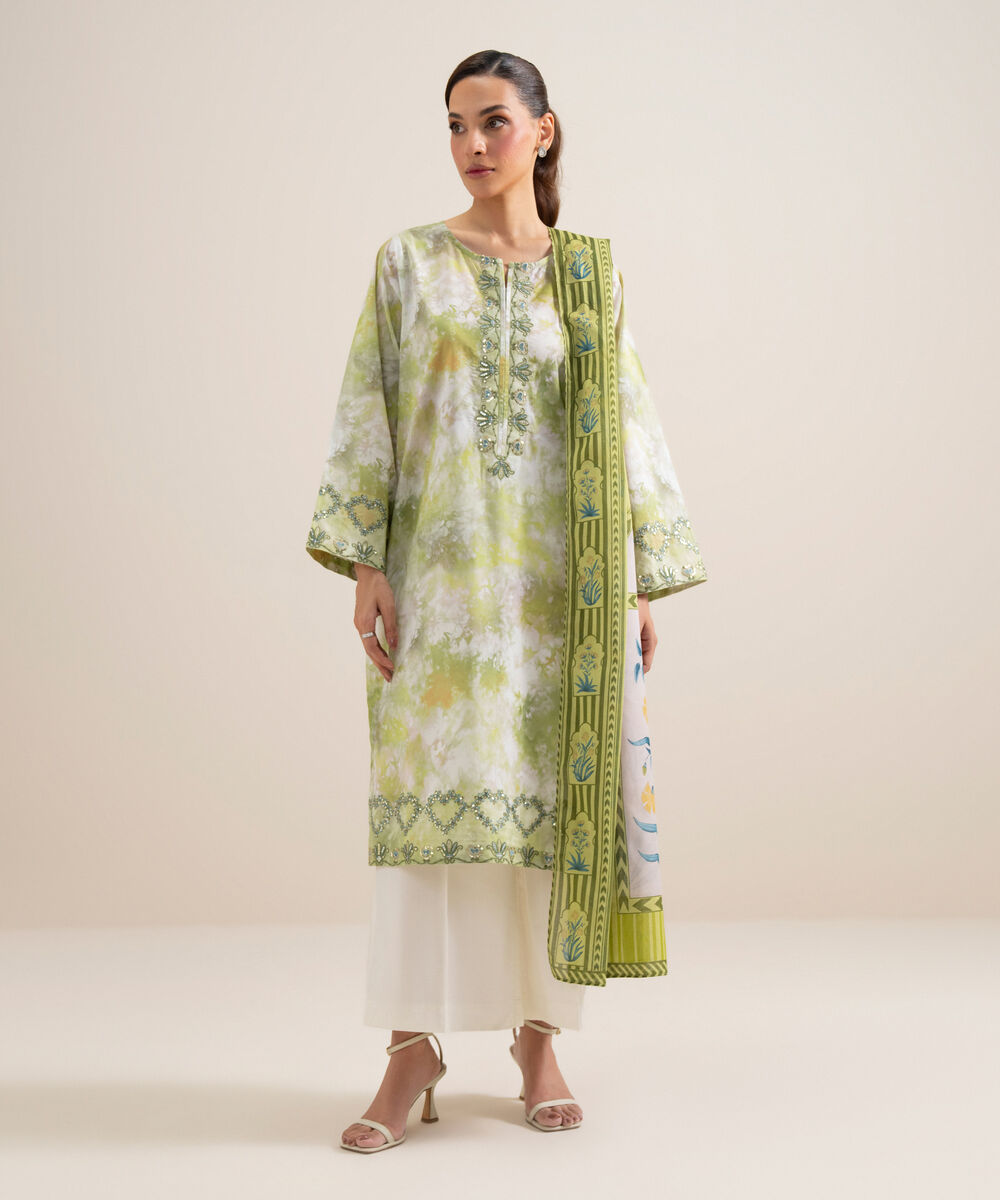 Women's Unstitched Lawn Embroidered Green and White  3 Piece Suit