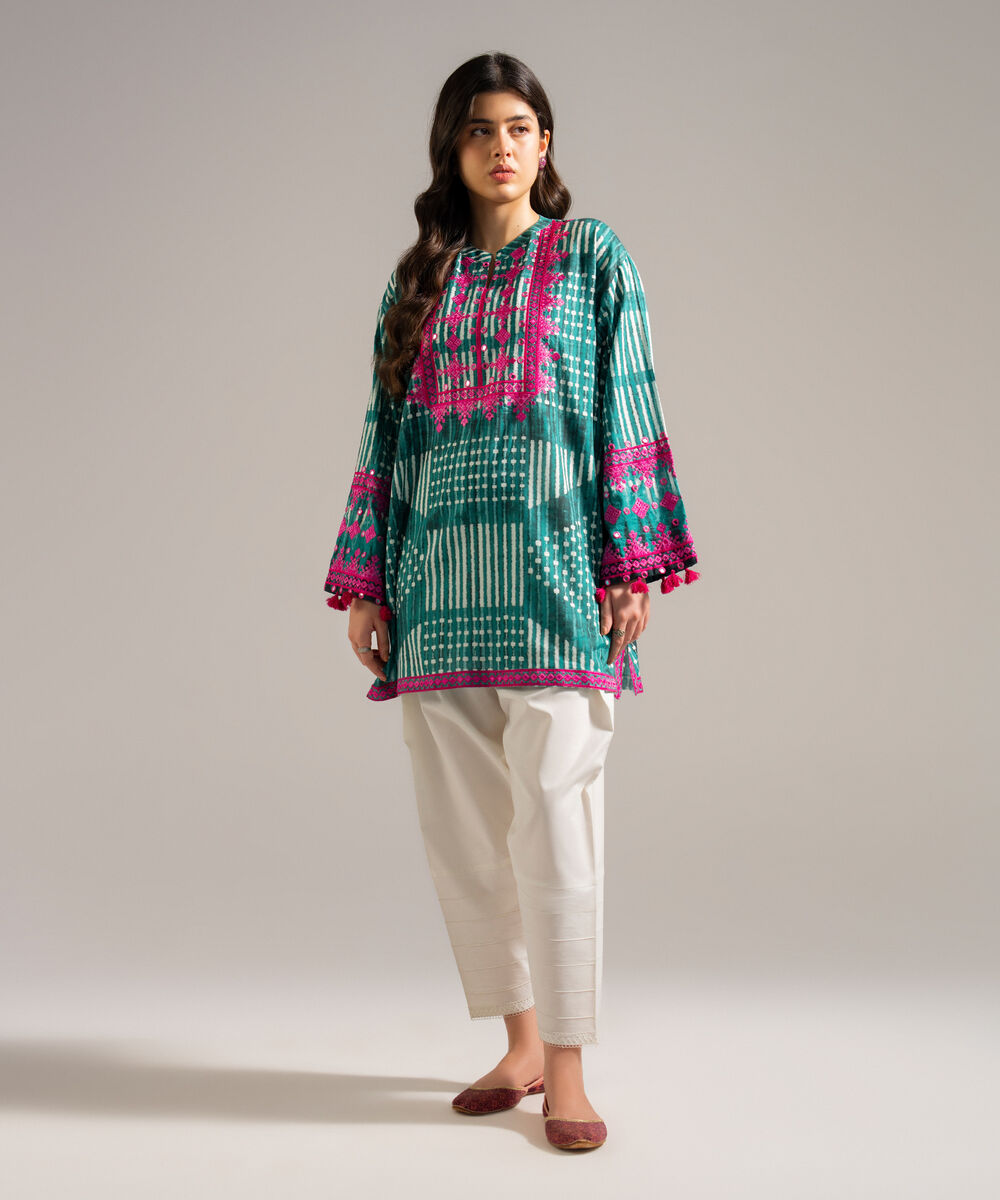 Women's RTW Dobby Embroidered Green Drop Shoulder Shirt