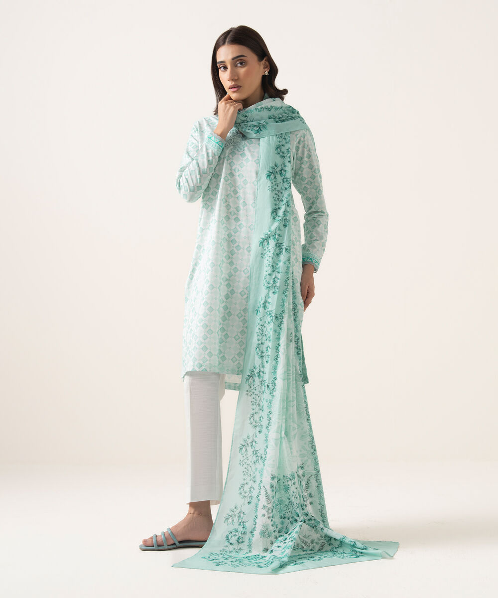 Women's Unstitched Lawn Printed Blue 3 Piece Suit