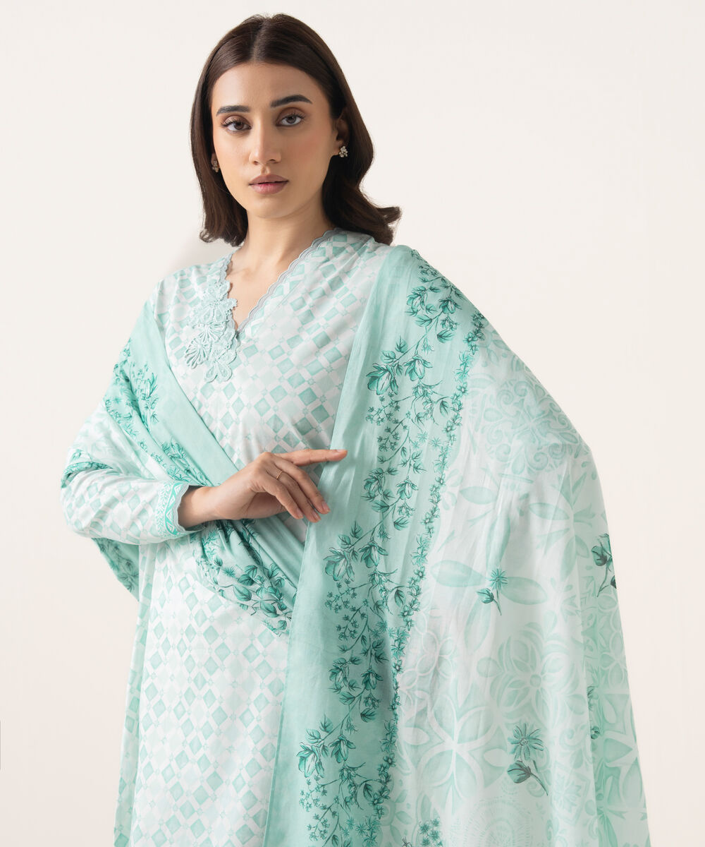 Women's Unstitched Lawn Printed Blue 3 Piece Suit