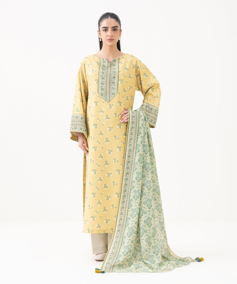 Women's Unstitched Khaddar Printed Yellow 2 Piece Suit