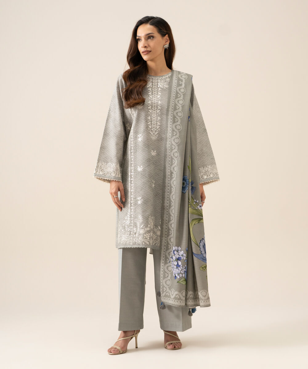 Women's Unstitched Light Khaddar Embroidered Grey 3 Piece Suit