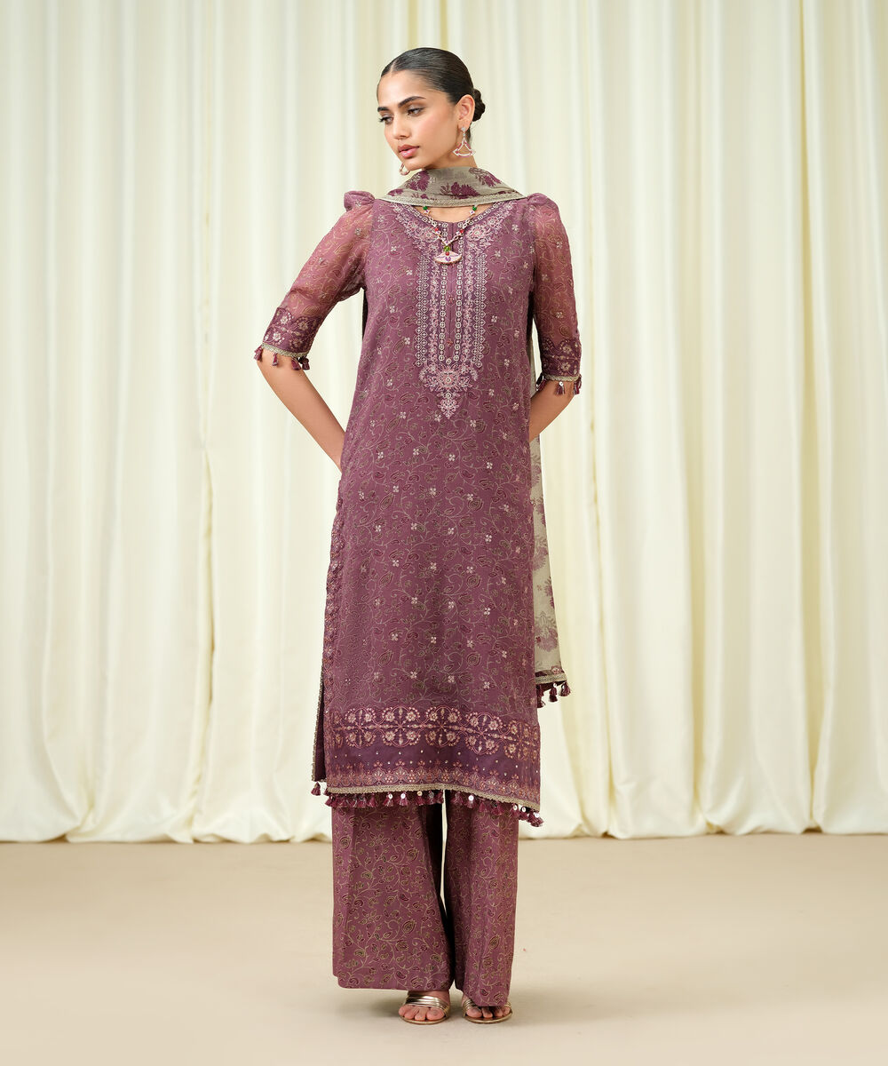 Women's Unstitched Blended Chiffon Embroidered Purple 3 Piece Suit