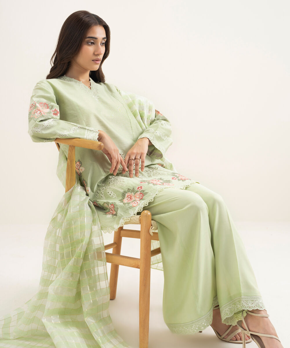 Women's RTW Silk Cotton Net Embroidered Mint Green 3 Piece Suit
