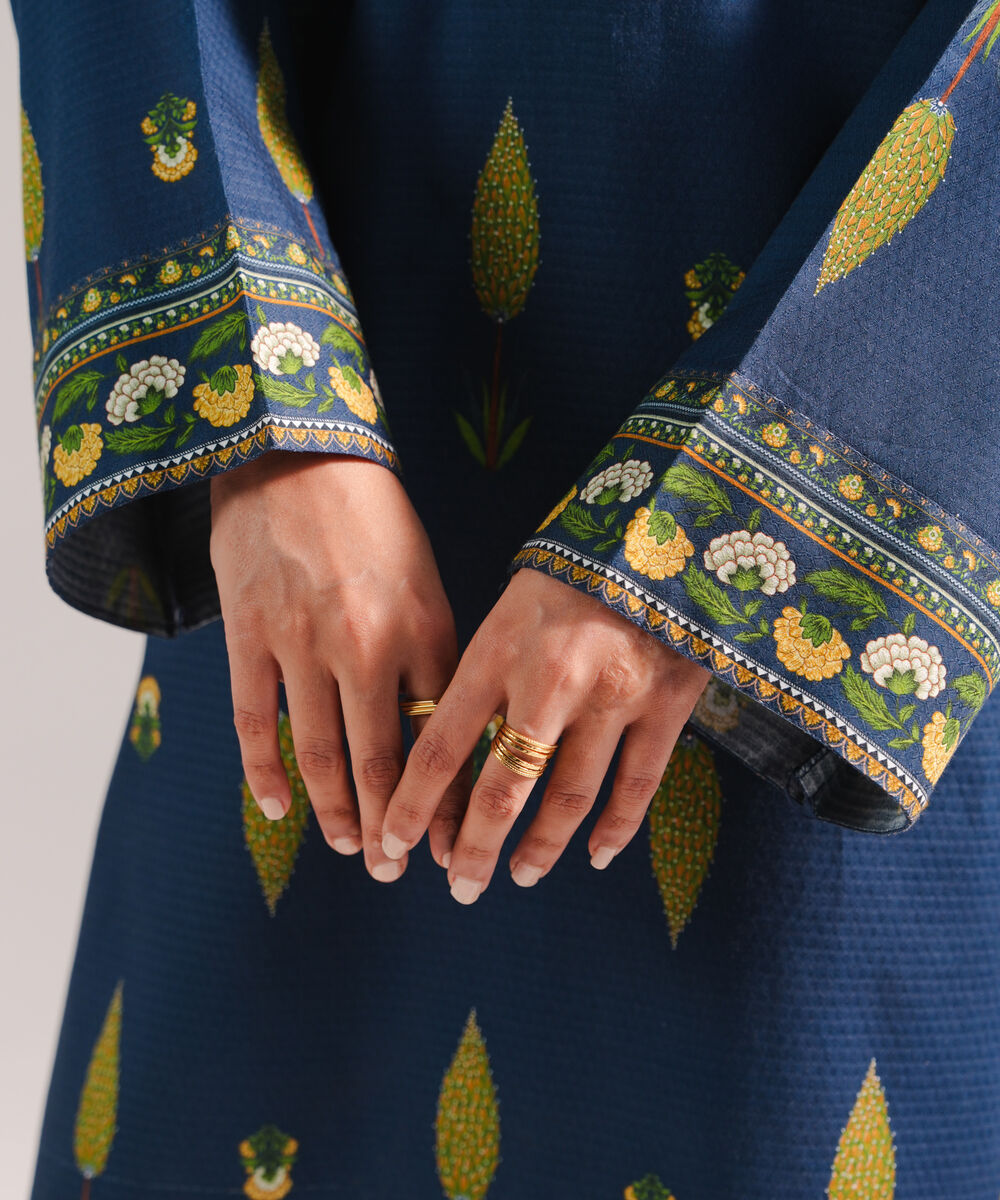 Women's RTW Dobby Printed Dark Blue Straight Shirt