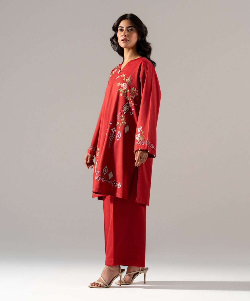 Women's RTW Solid Embroidered Rust Cotton Viscose Shirt