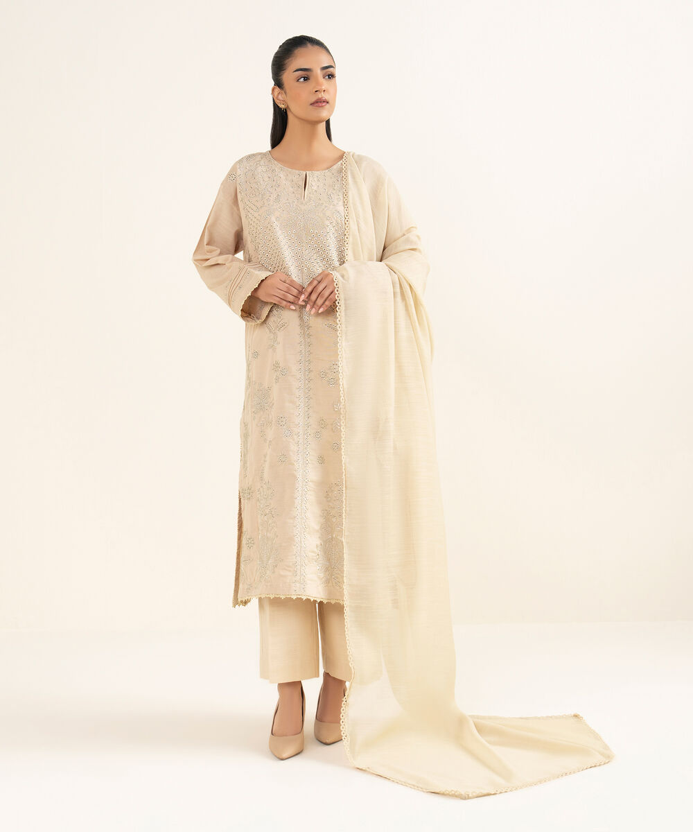 Women's RTW Light Khaddar Embroidered Beige A-Line Shirt