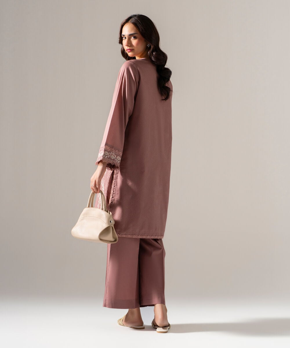 Women's RTW Dobby Solid Embroidered Muted Pink Straight Shirt