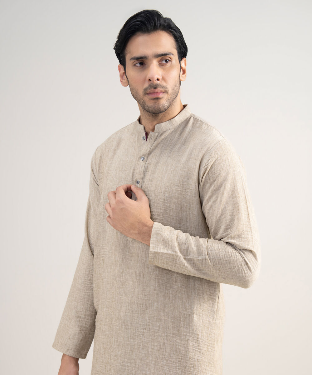 Men's Stitched Blended Linen Beige Suit