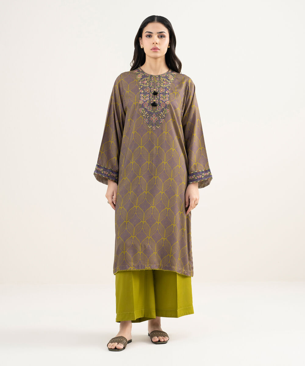Women's RTW Arabic Cambric Embroidered Green Straight Shirt