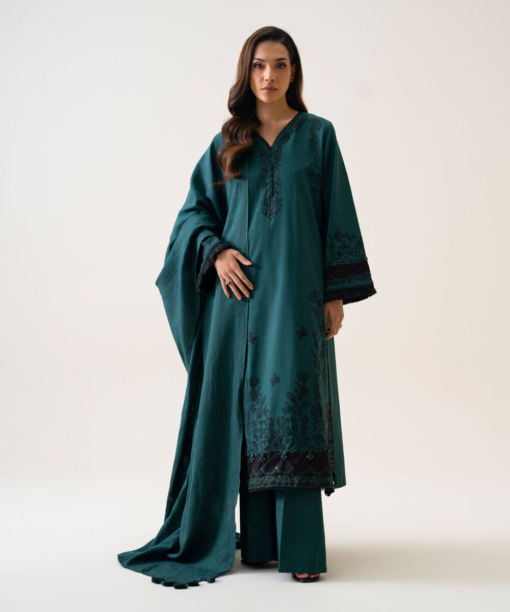 Women's Unstitched Light Khaddar Embroidered Teal 3 Piece Suit