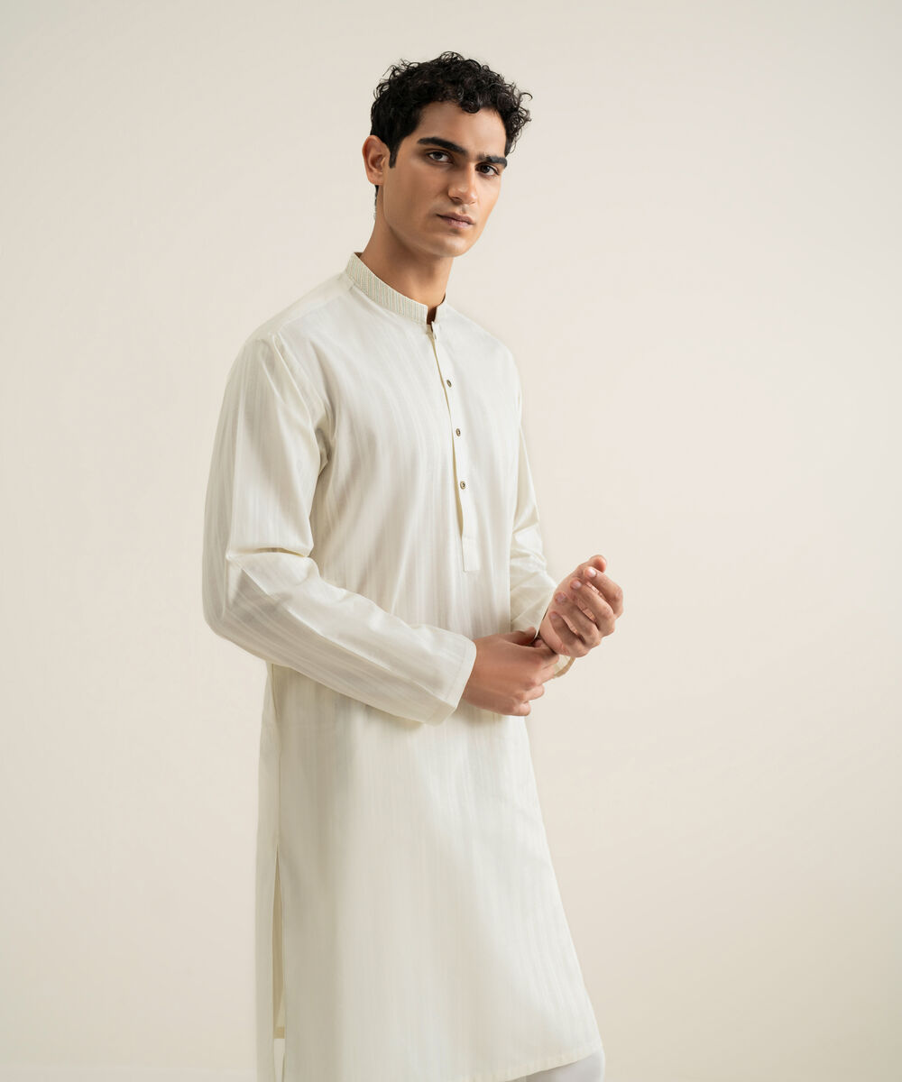 Men's light cream Leno Jacquard Kurta