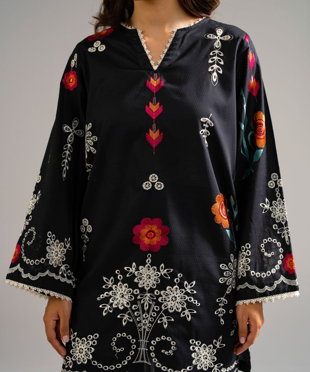 Women's RTW Dobby Embroidered Black Straight Shirt