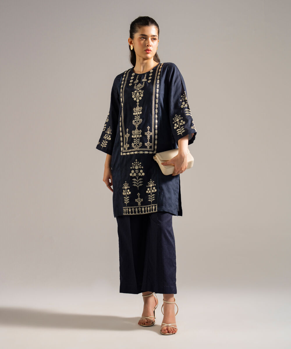 Women's RTW Self Jacquard Embroidered Blue 2 Piece Suit