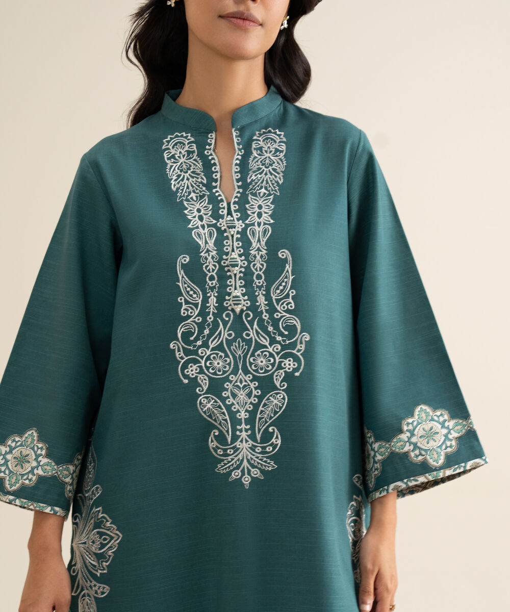 Women's Unstitched Light Khaddar Embroidered Teal Blue 2 Piece Suit