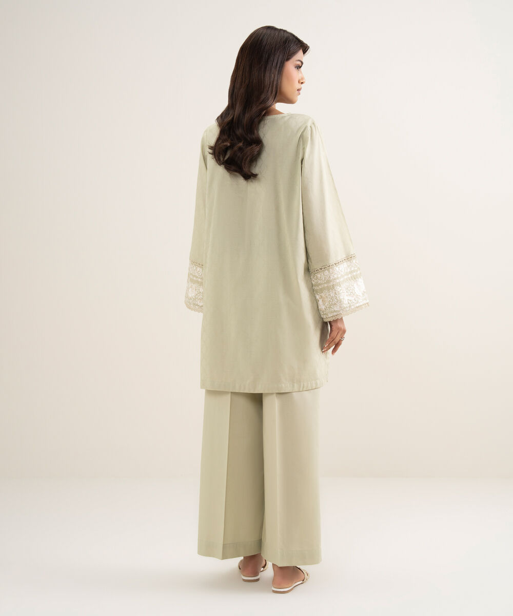 Women's RTW Self Jacquard Embroidered Green Straight Shirt