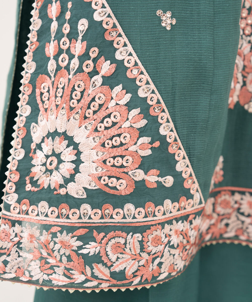 Women's RTW Blended Textured Karandi Embroidered A-Line Green Shirt