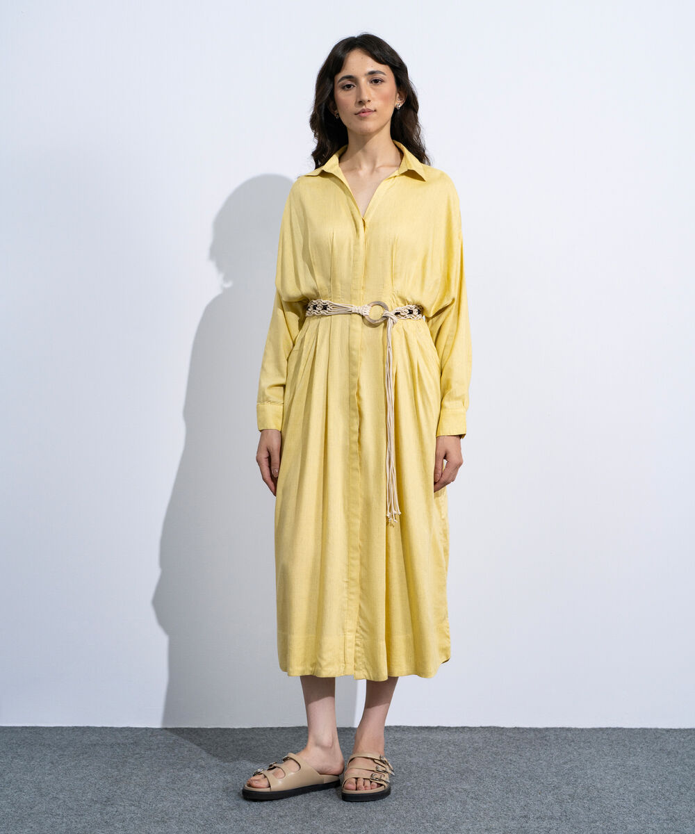 Women's Butter Yellow Linen Blend Dress With  Crochet Belt