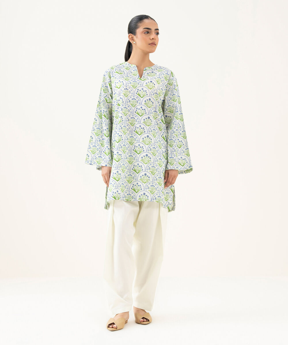 Women's RTW Cambric Printed Mint Green Straight Shirt