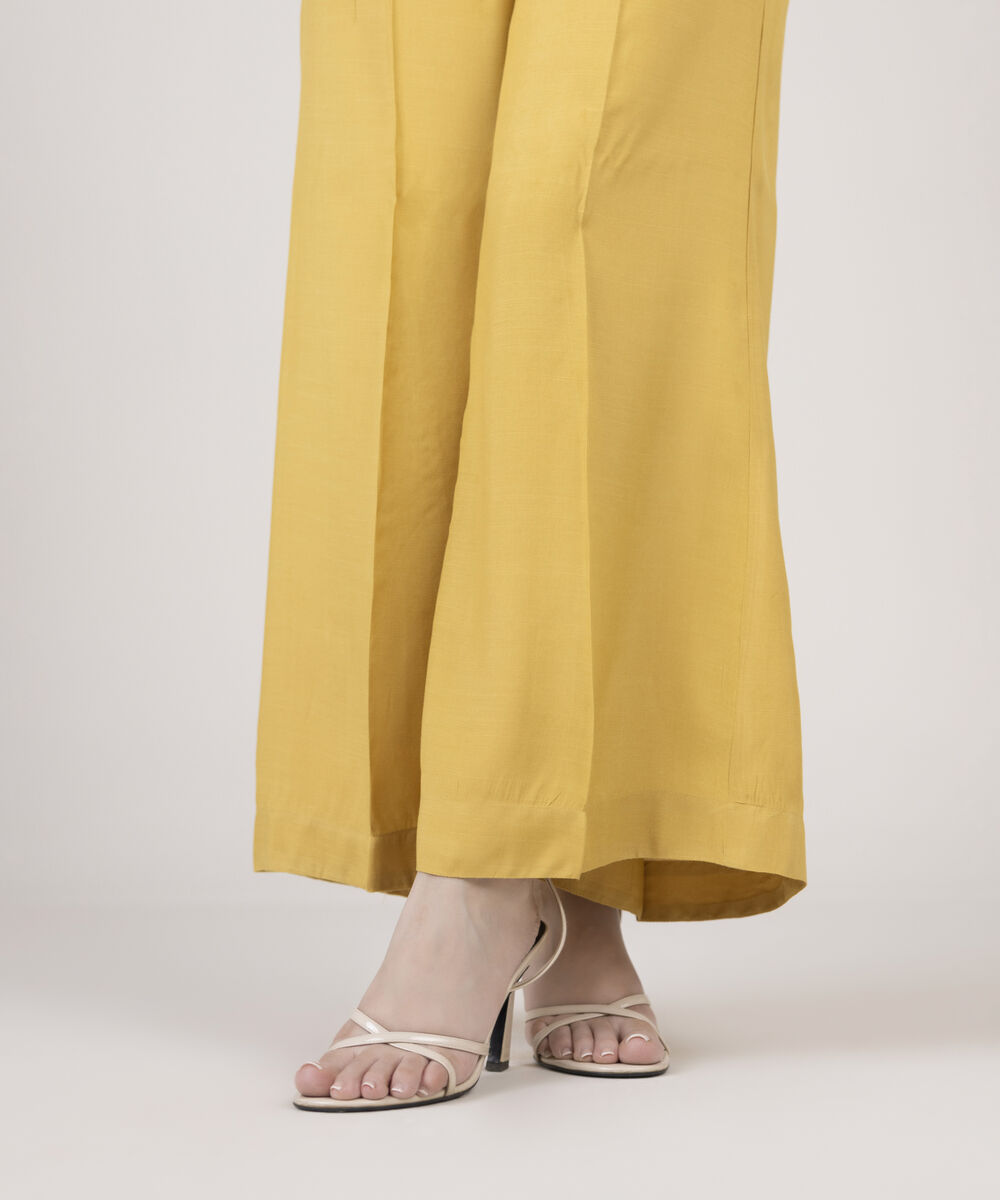 Women's RTW Viscose Raw Silk Solid Yellow Flared Pants