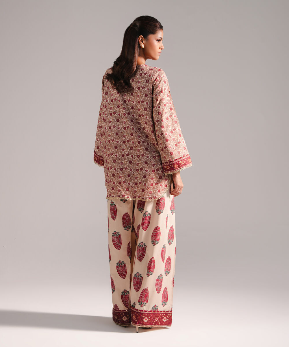 Women's RTW Textured Lawn Printed Beige 2 Piece Suit