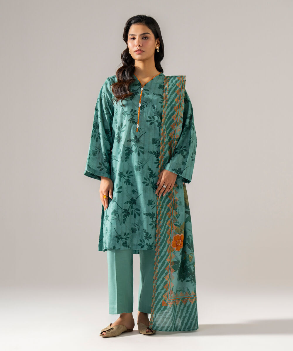 Women's RTW Khaddar Printed Teal 3 Piece Suit