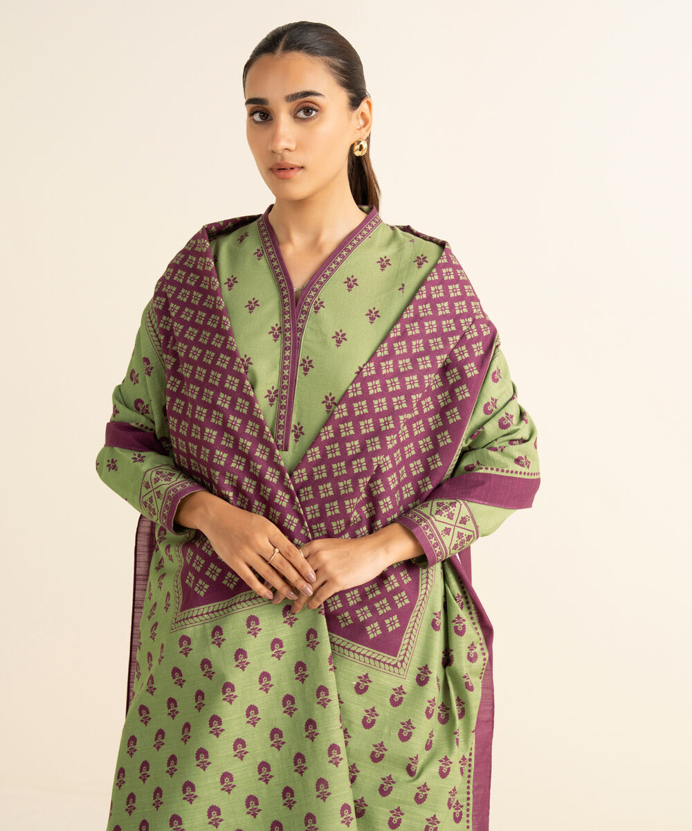 Women's Unstitched Cotton Printed Green 2 Piece Suit
