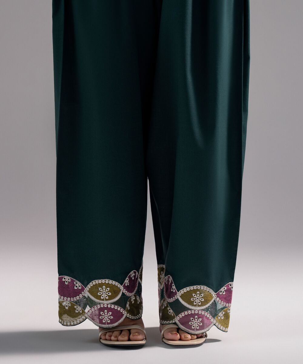Women's RTW Slub Lawn Solid Dark Green Farshi Shalwar