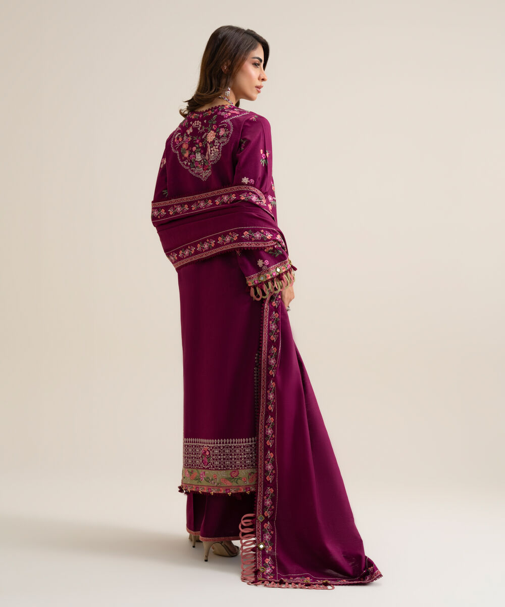 Women's Unstitched Basic Khaddar Embroidered Magenta 3 Piece Suit