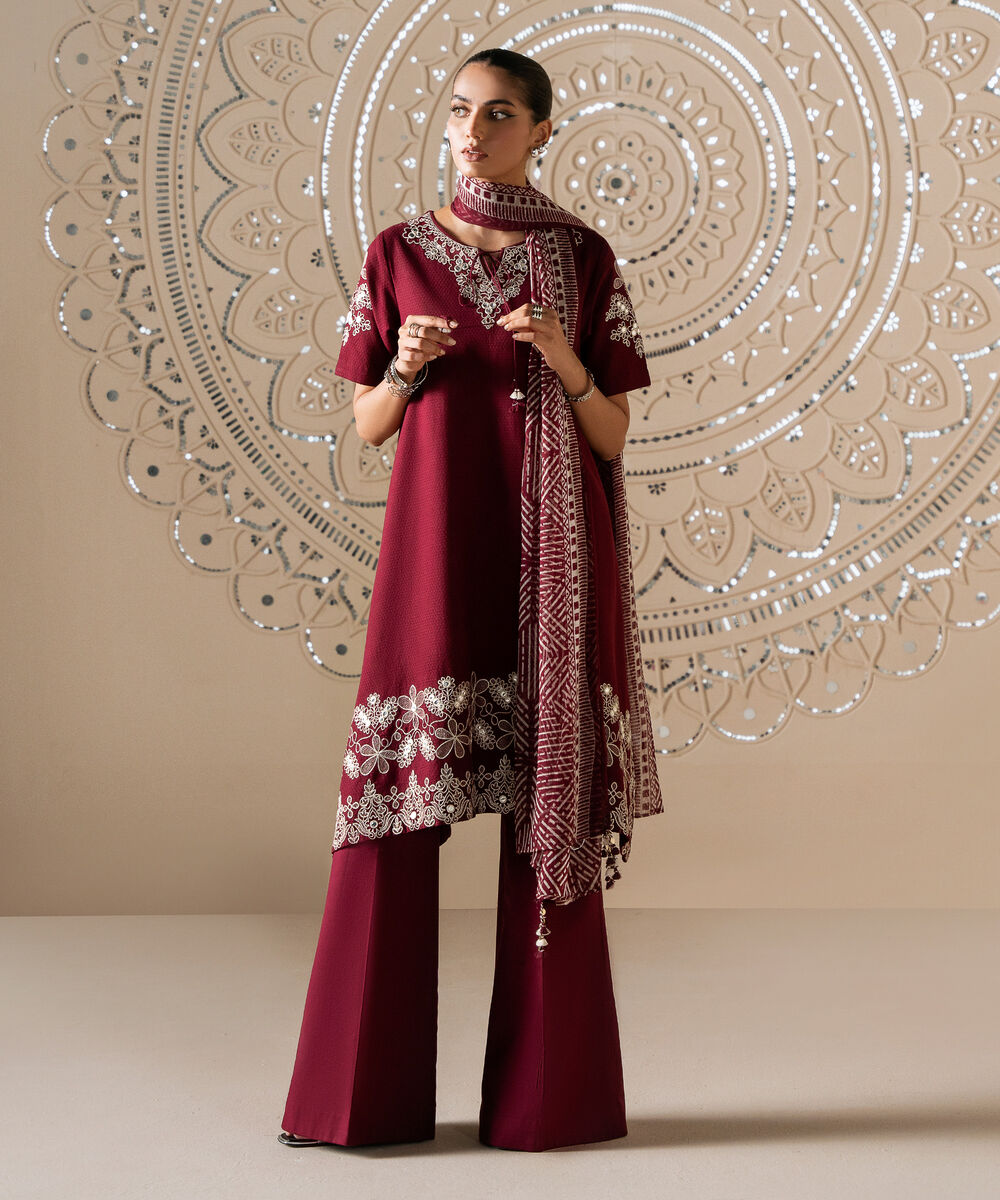 Women's Unstitched Dobby Embroidered Red 3 Piece Suit