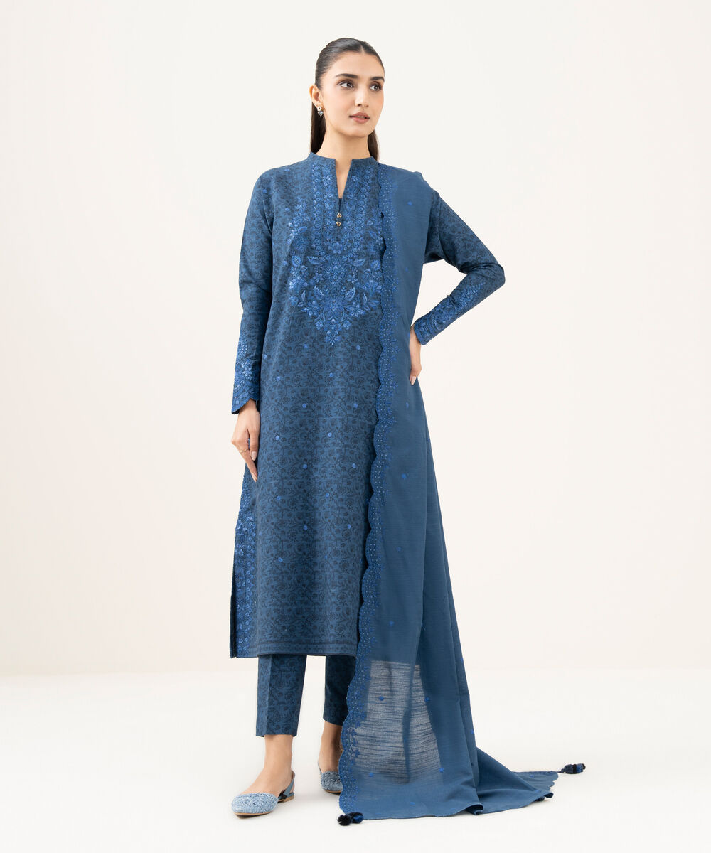 Women's Unstitched Cotton Embroidered Blue 3 Piece Suit