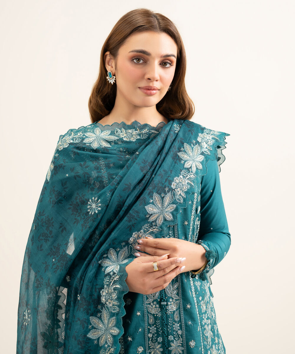 Women's Unstitched Fine Cotton Satin Embroidered Green 3 Piece Suit