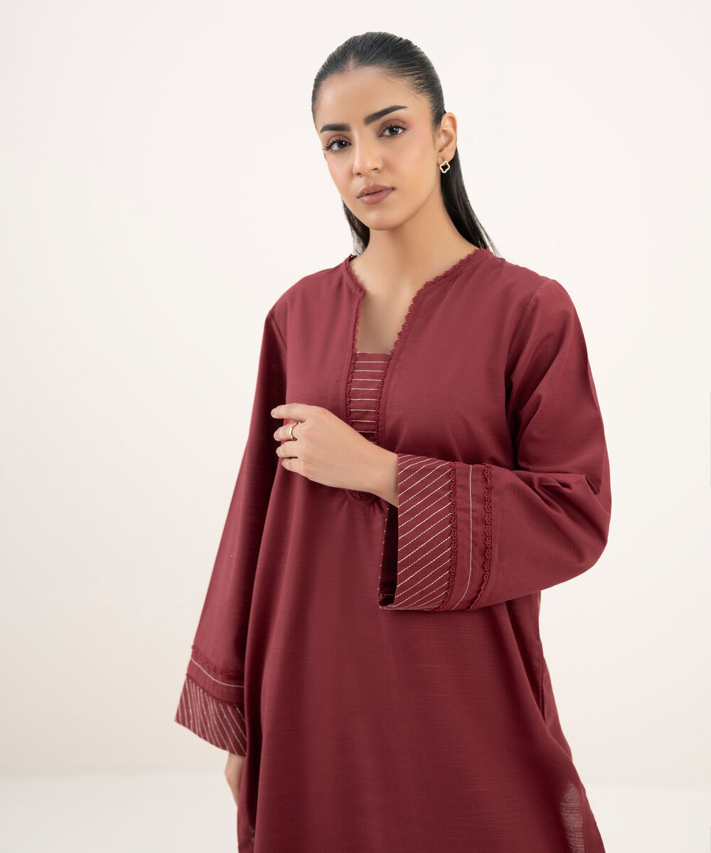 Women's RTW Khaddar Embroidered A-Line Maroon Shirt