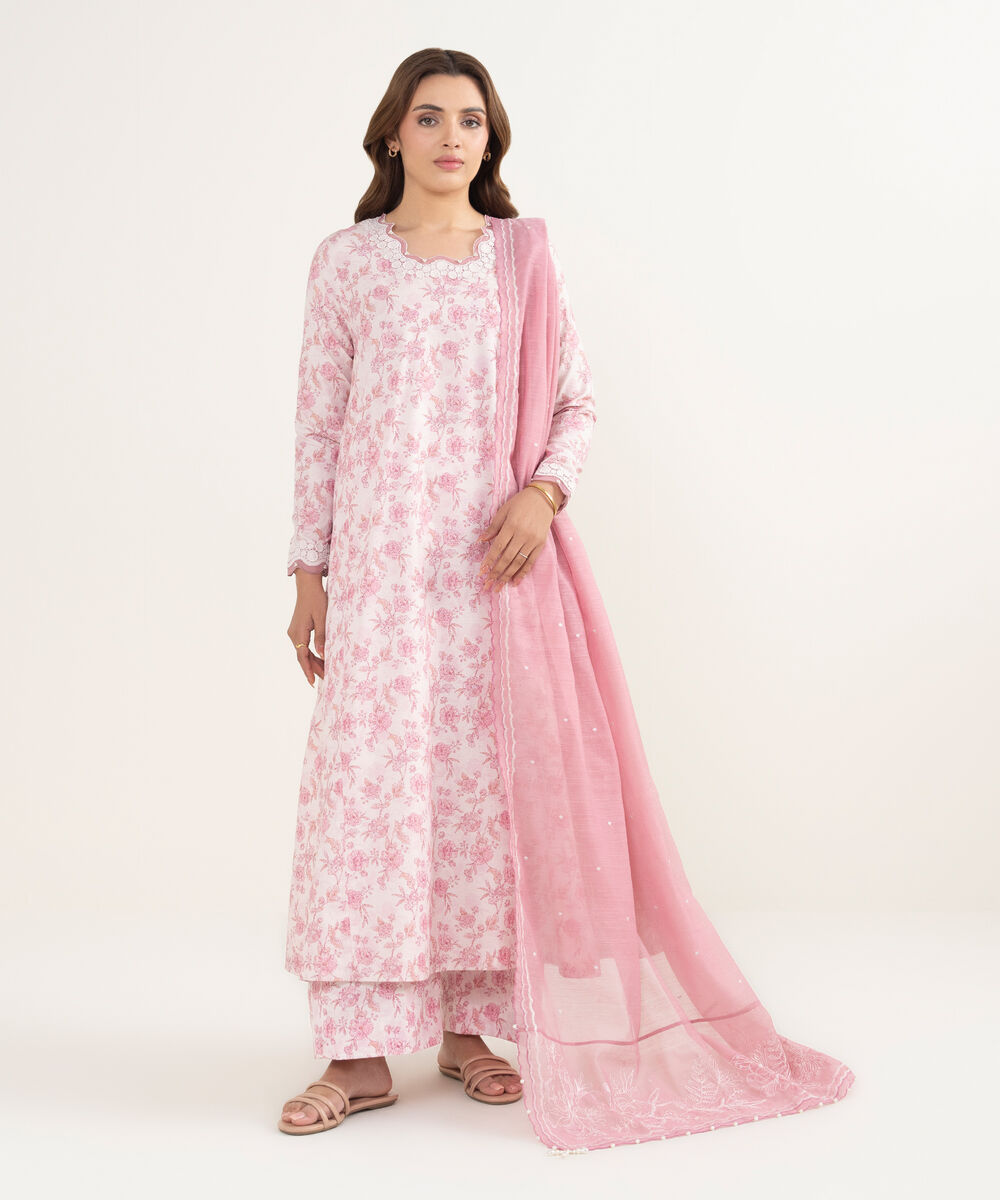 Women's Unstitched Zari Lawn Embroidered Pink 3 Piece Suit